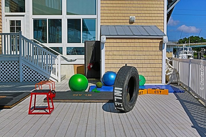outdoor gym equipment on fitness deck